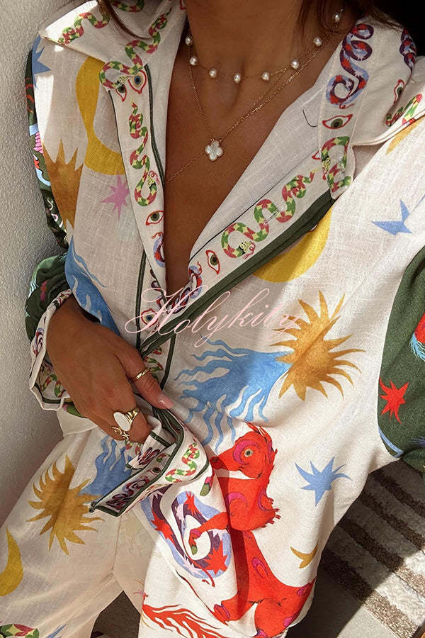 Bohemian Beauty Unique Print Long Sleeve Loose Shirt and Elastic Waist Pants Set-tidenox