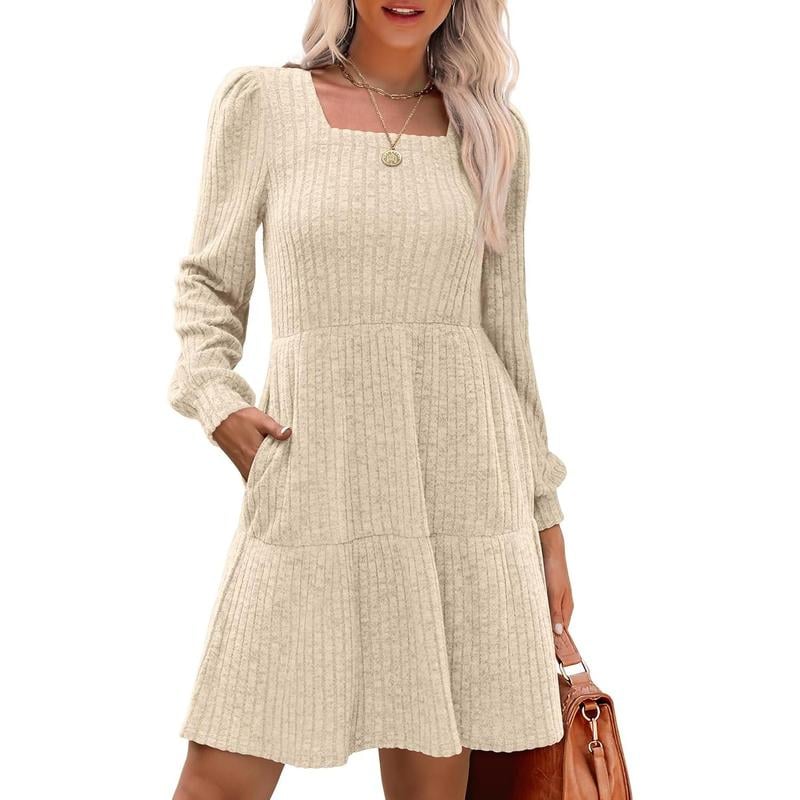 🍂Last Day Promotion 49% OFF🔥Womens Square Neck Long Sleeve Fall Dresses Casual Babydoll Sweater Dress-tidenox