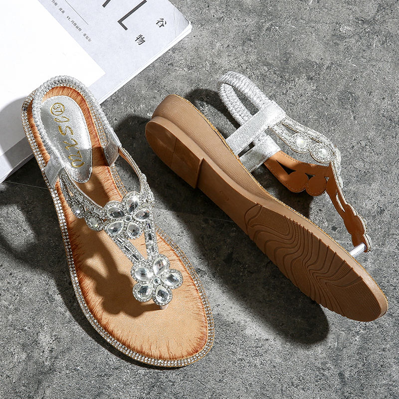 T-strap Flower Rhinestone Flats Sandals-tidenox