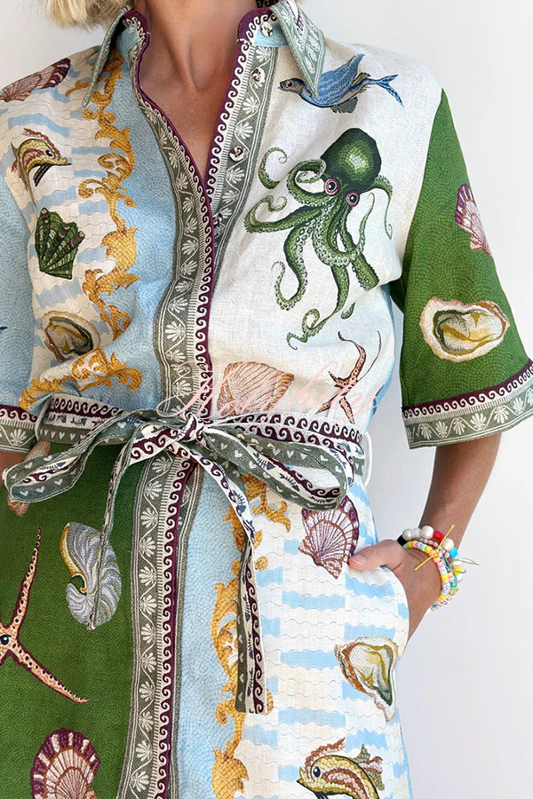 Deep Sea Dreaming Linen Blend Unique Print Tie-up Pocketed Shirt Mini Dress-tidenox