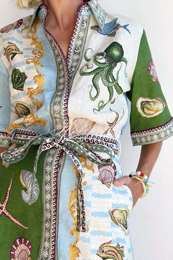Deep Sea Dreaming Linen Blend Unique Print Tie-up Pocketed Shirt Mini Dress-tidenox