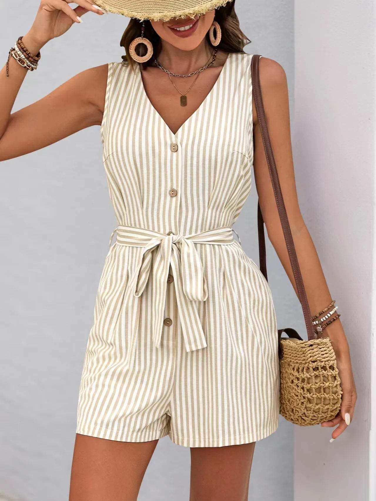 Striped V-neck Button Front Belted Romper-tidenox