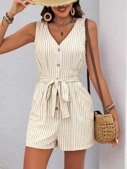 Striped V-neck Button Front Belted Romper-tidenox