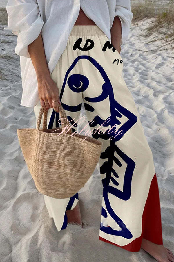 Unique Marine Print Elastic Waist Loose Pocket Pants-tidenox