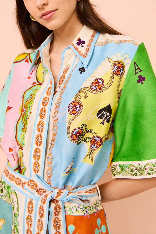 Linen Blend Unique Printed Short Sleeved Pocket Tie Waist Mini Dress(One Size Up)-tidenox