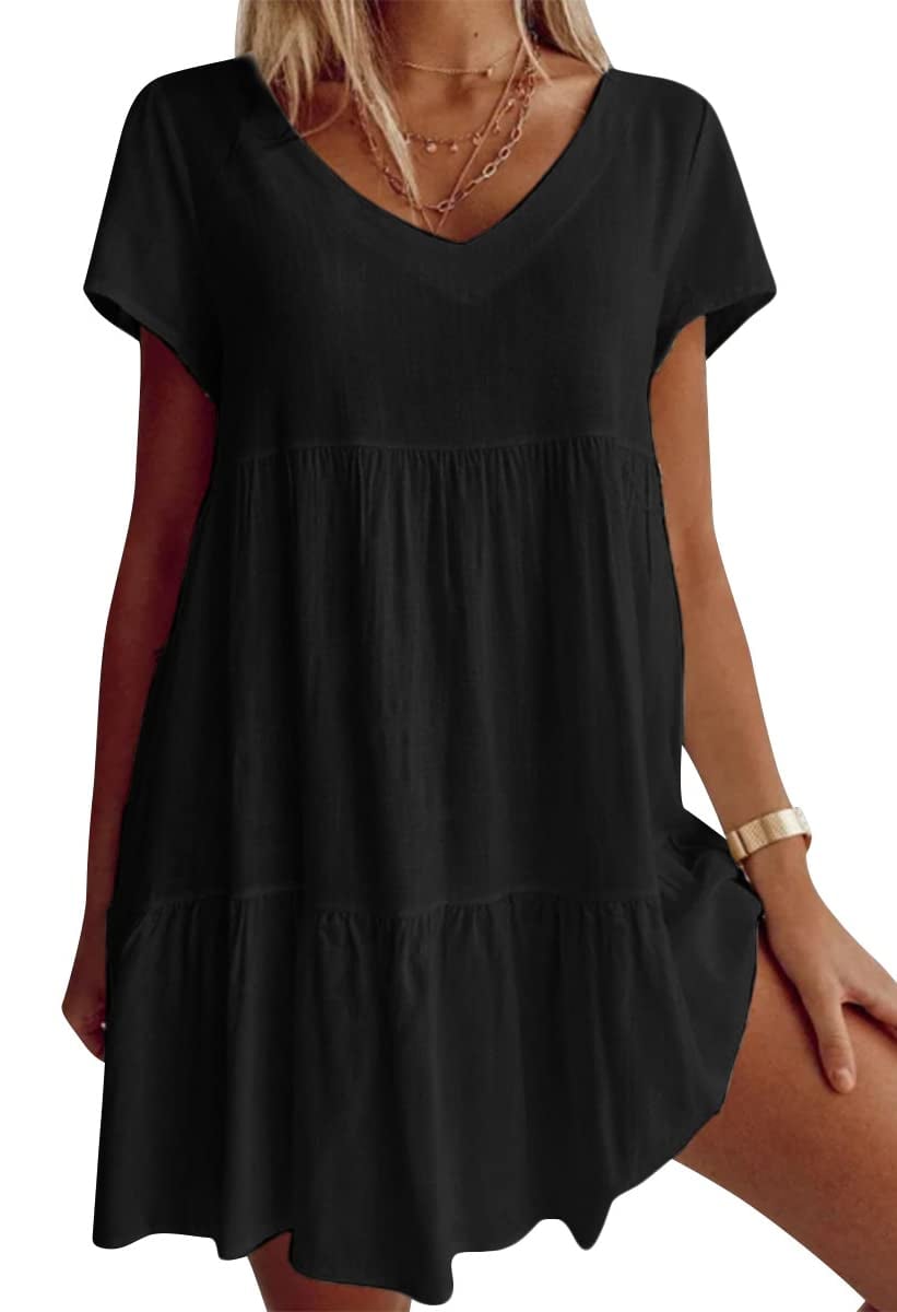 Plus Size Cotton-Blend V Neck Casual Short Sleeve Weaving Dress-tidenox