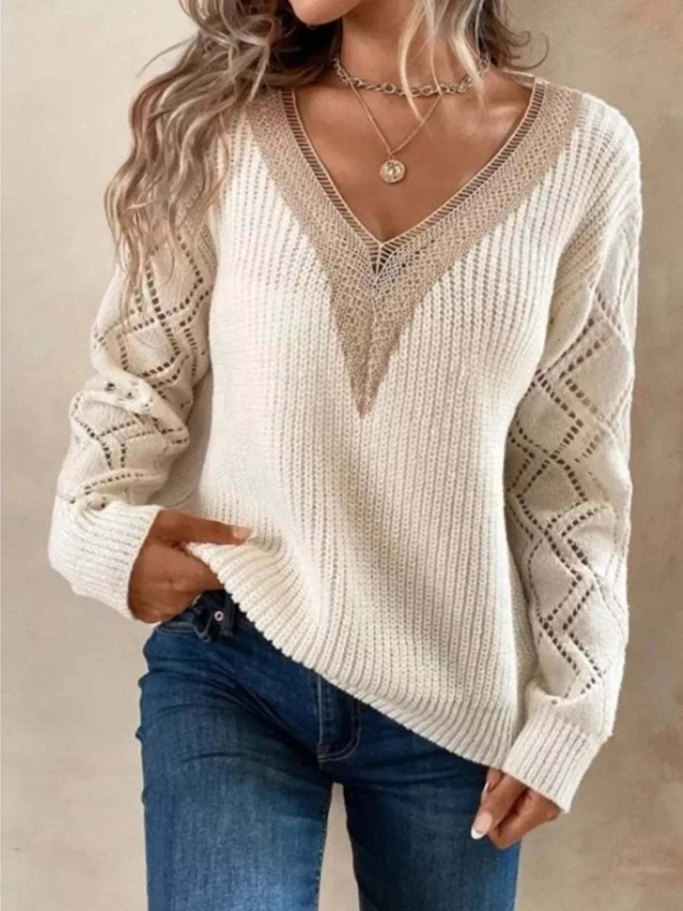 Openwork V-Neck Long Sleeve Sweater-tidenox