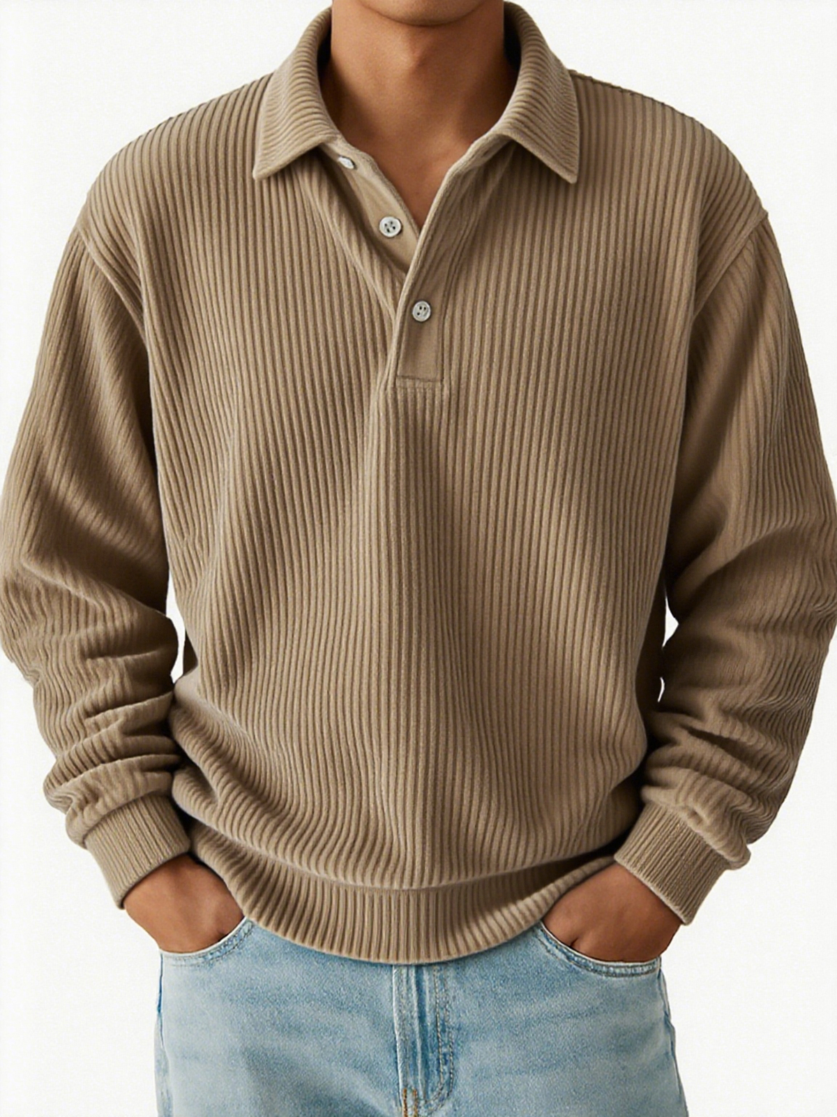 Steozzy Men's Vintage Corduroy Pit Striped Casual Long Sleeve Polo Shirt-tidenox