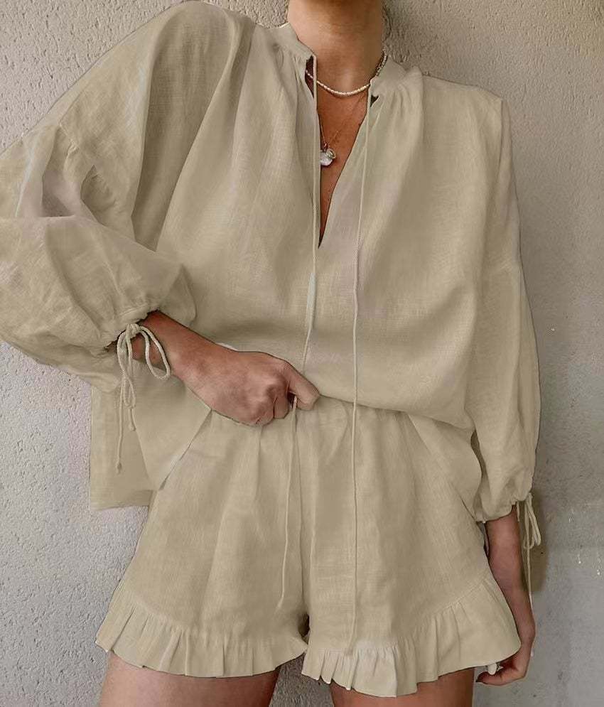 Women's Lantern Sleeve Drawstring Shirt and Shorts Set-tidenox