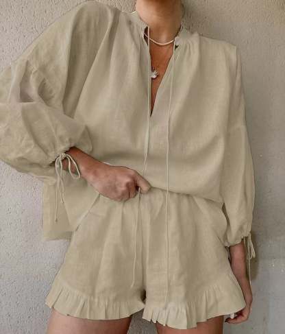 Women's Lantern Sleeve Drawstring Shirt and Shorts Set-tidenox