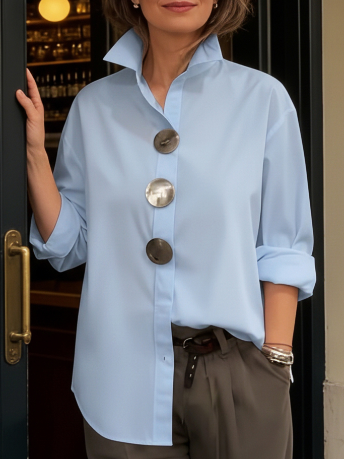Elegant Stand-collar Metal Buttons Cotton Linen Blouse