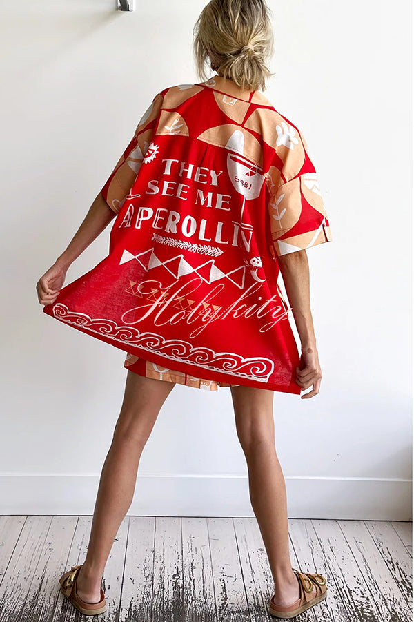Linen Blend Unique Printed Shirt Top and Elastic Waisted Loose Pocket Shorts Set-tidenox