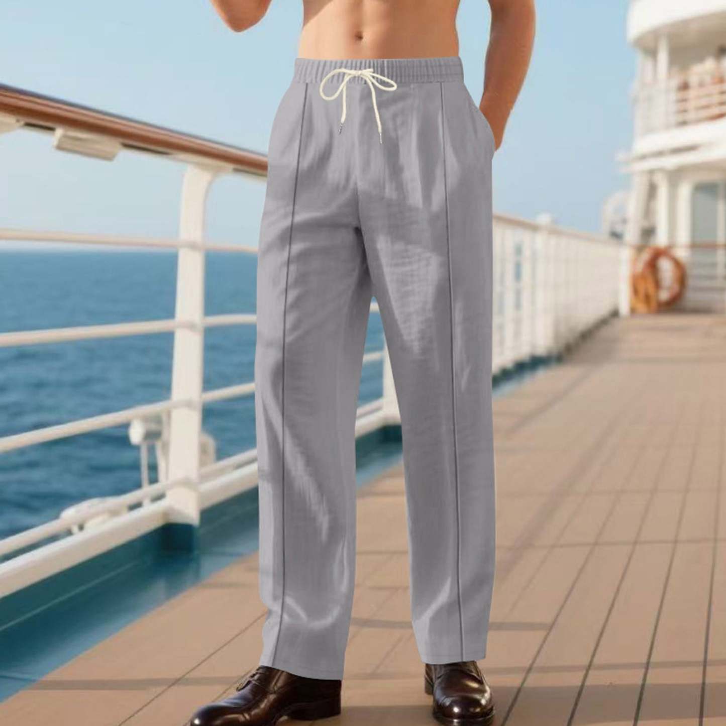 Men's linen trousers summer beach pants solid color comfortable breathable holiday leisure Hawaiian Bohemian style