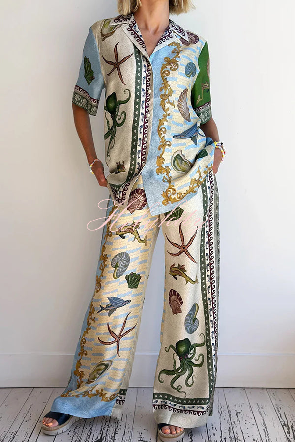 Deep Sea Dreaming Satin Unique Print Short Sleeve Shirt and Elastic Waist Pocketed Pants Set-tidenox