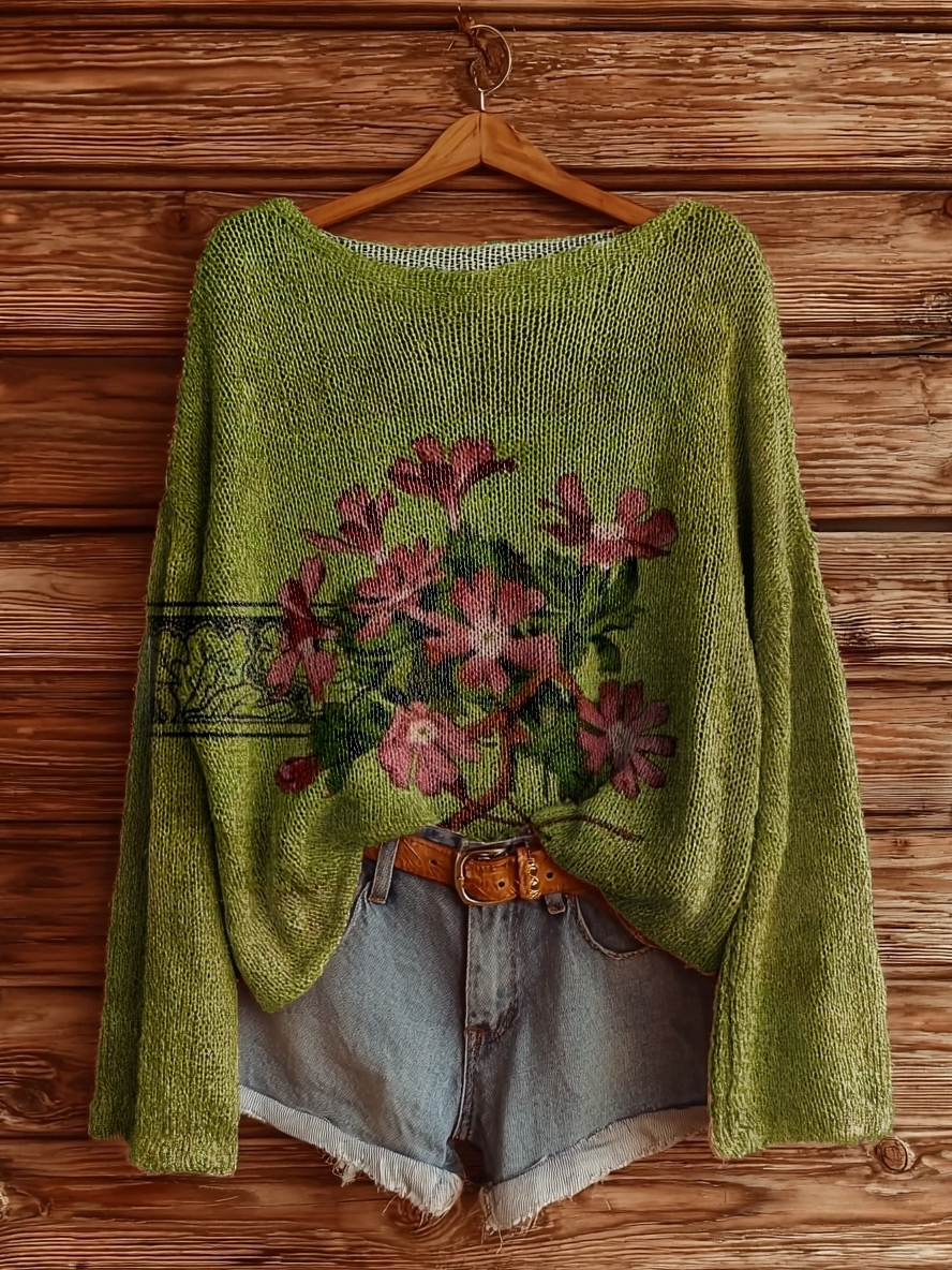 Women's Vintage Floral Art Pattern Print Casual Pullover Sweater-tidenox
