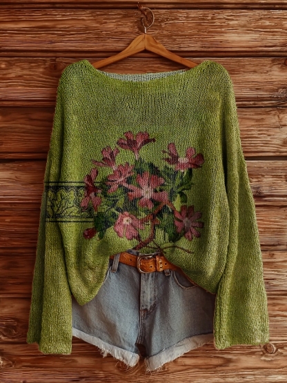 Women's Vintage Floral Art Pattern Print Casual Pullover Sweater-tidenox