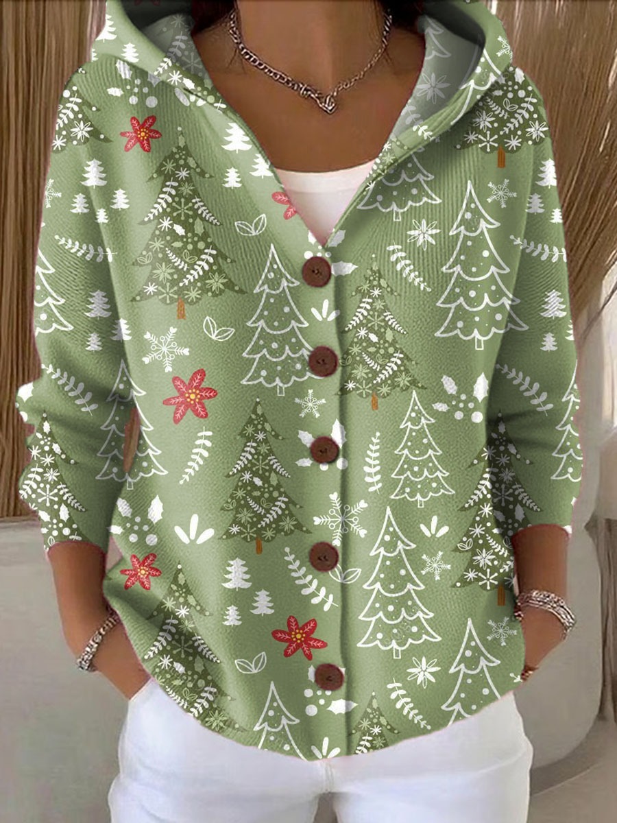 Women's Christmas Tree Pattern Art Print Buttoned Cardigan Sweater-tidenox