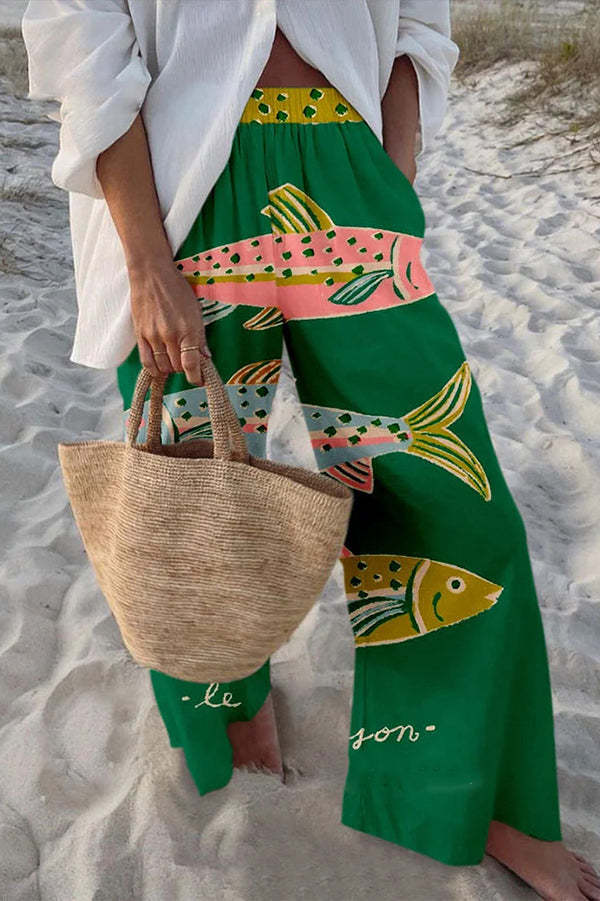 Unique Marine Print Elastic Waist Loose Pocket Pants-tidenox