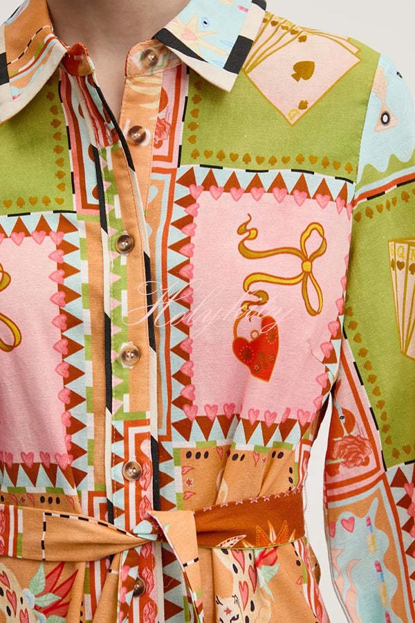 Linen Blend Unique Printed Long Sleeve Lapel Tie-waist Midi Dress-tidenox