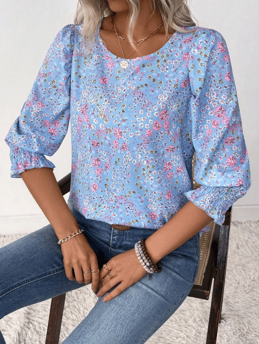 Hot Sale-Women Dressy Casual 3/4 Length Sleeve Blouses with Smocked Cuffs-tidenox