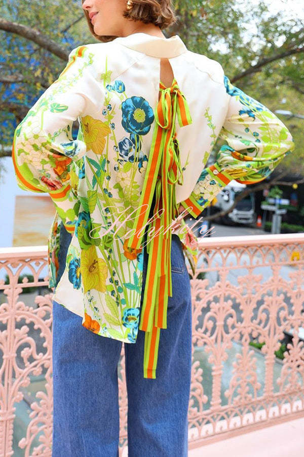 Antibes Satin Floral Print Back Tie-up Button Down Oversized Blouse-tidenox