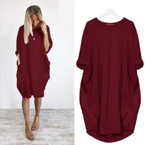 💝17 Colors Women Casual Loose Pocket Long Sleeves Dress-tidenox