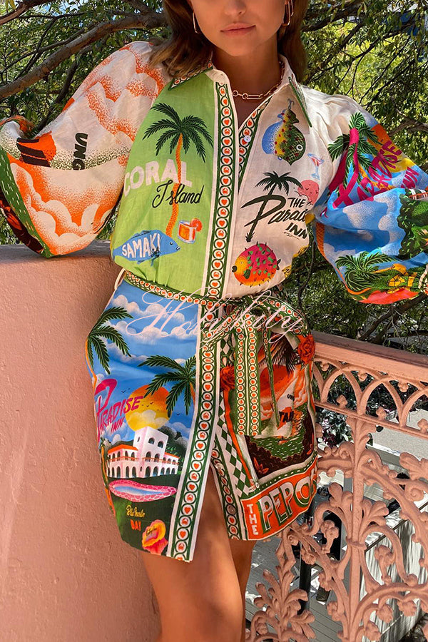 Summer Sophistication Linen Blend Unique Print Belted Pocket Shirt Mini Dress-tidenox