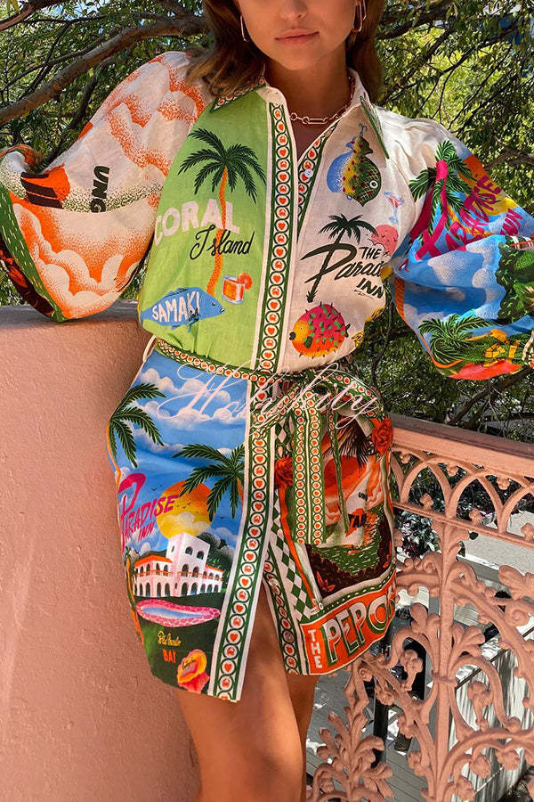 Summer Sophistication Linen Blend Unique Print Belted Pocket Shirt Mini Dress-tidenox
