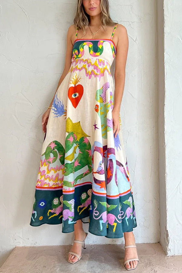 Feel Effortlessly Linen Blend Unique Print Smocked Back Midi Dress-tidenox