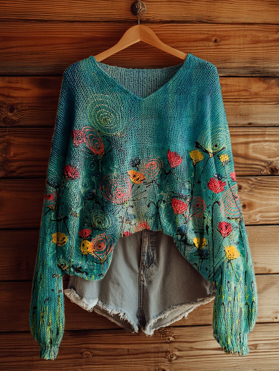 Women's Vintage Floral Tattoo Pattern Art Print Casual Pullover Sweater-tidenox