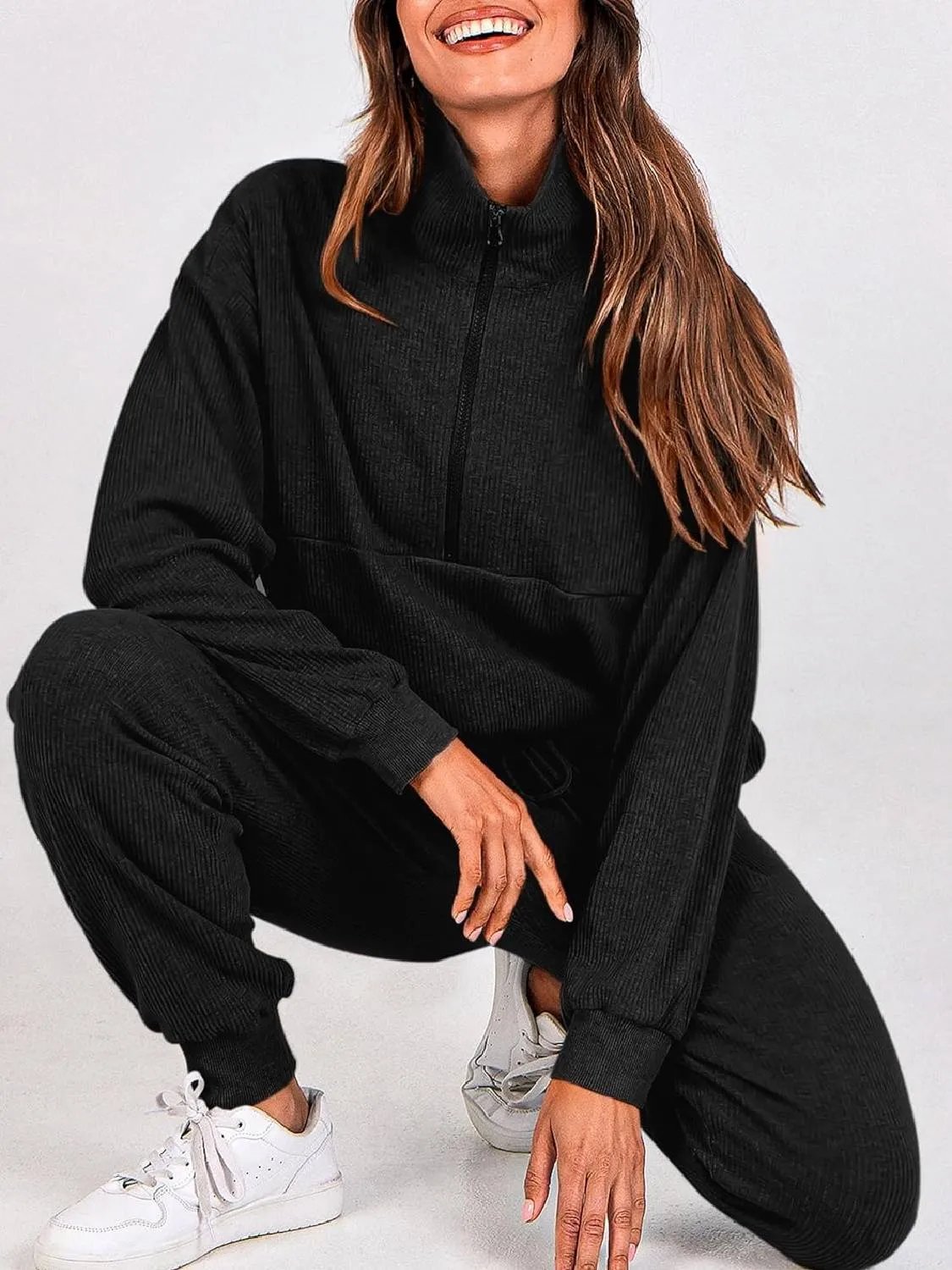 ⏰Hot Sale-Womens 2 Piece Long Sleeve Half Zip Pullover Fall Tracksuit Sweatsuits Set(Buy 2 Free Shipping)-tidenox