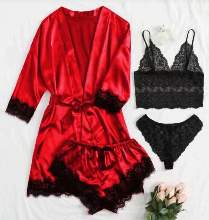 🔥Valentine's Day 4 sets of lace satin sling pajamas set🌹-tidenox