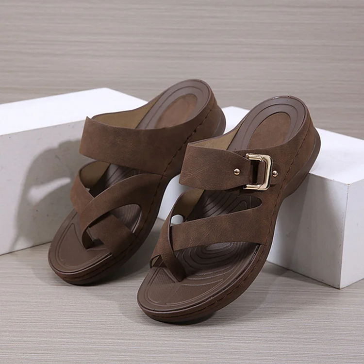 LAST DAY 70% OFF-Women's Orthopedic Wedge Wide Toe Arch Support Leather Sandals-tidenox