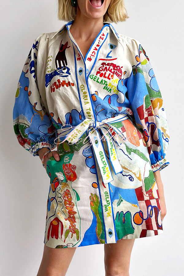 Phebe Linen Blend Unique Print Pocket Waist Tie Mini Dress-tidenox