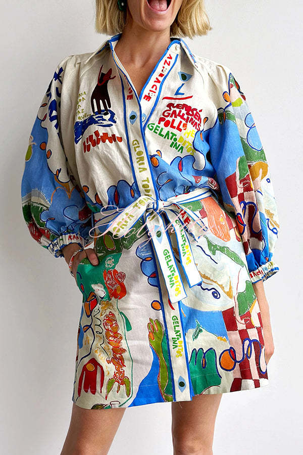 Phebe Linen Blend Unique Print Pocket Waist Tie Mini Dress-tidenox