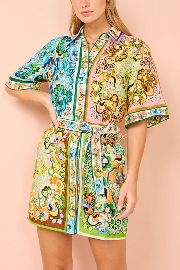 Sasha Linen Blend Unique Printed Shirt Style Tie-waist Mini Dress-tidenox