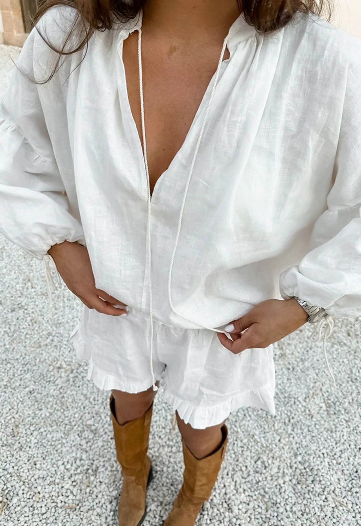 Women's Lantern Sleeve Drawstring Shirt and Shorts Set-tidenox