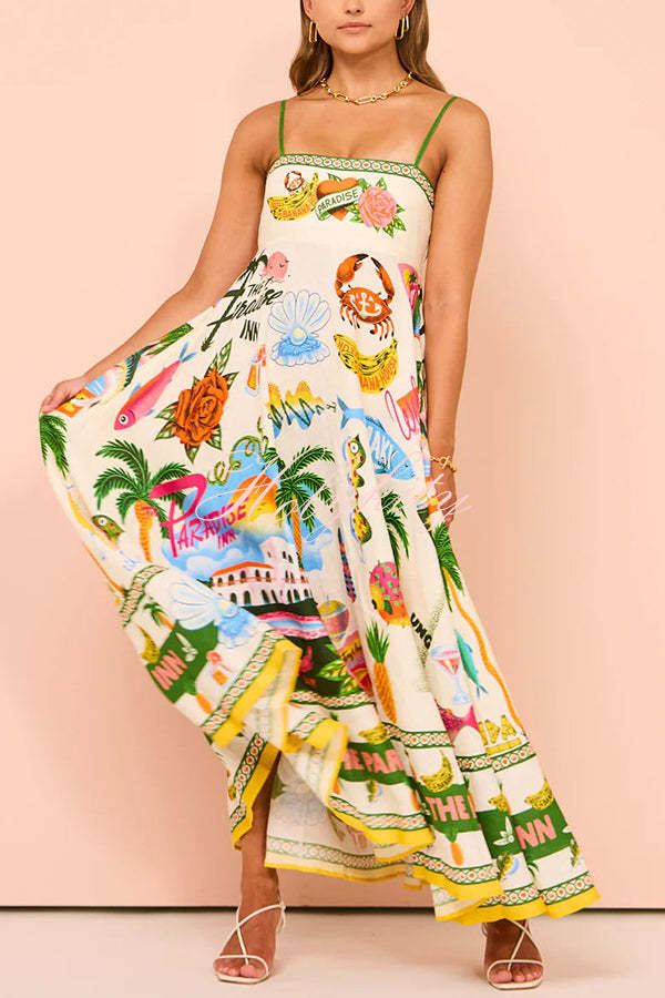 Holiday Paradise Linen Blend Unique Print Smocked Back Pocket Maxi Dress-tidenox