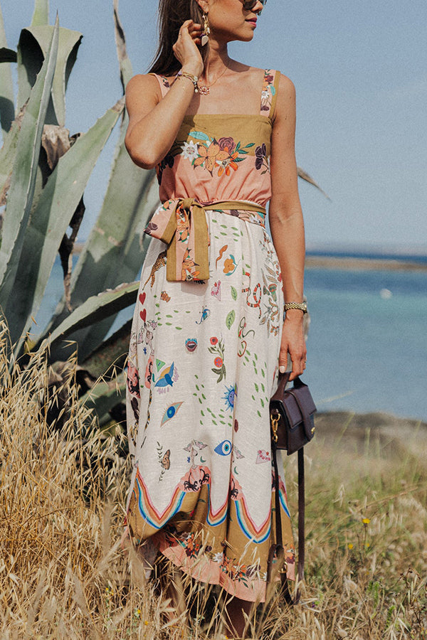 Summer Vibes Linen Blend Unique Print Smocked Belt Midi Dress-tidenox