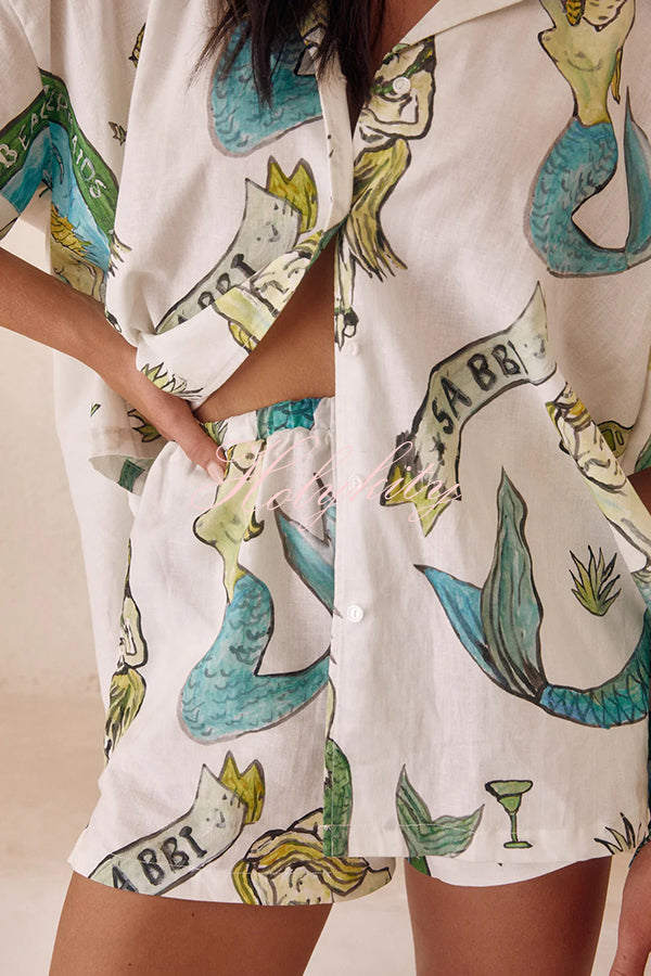 Linen Blend Mermaid Print Shirt Top and Elastic Waisted Loose Shorts Set-tidenox