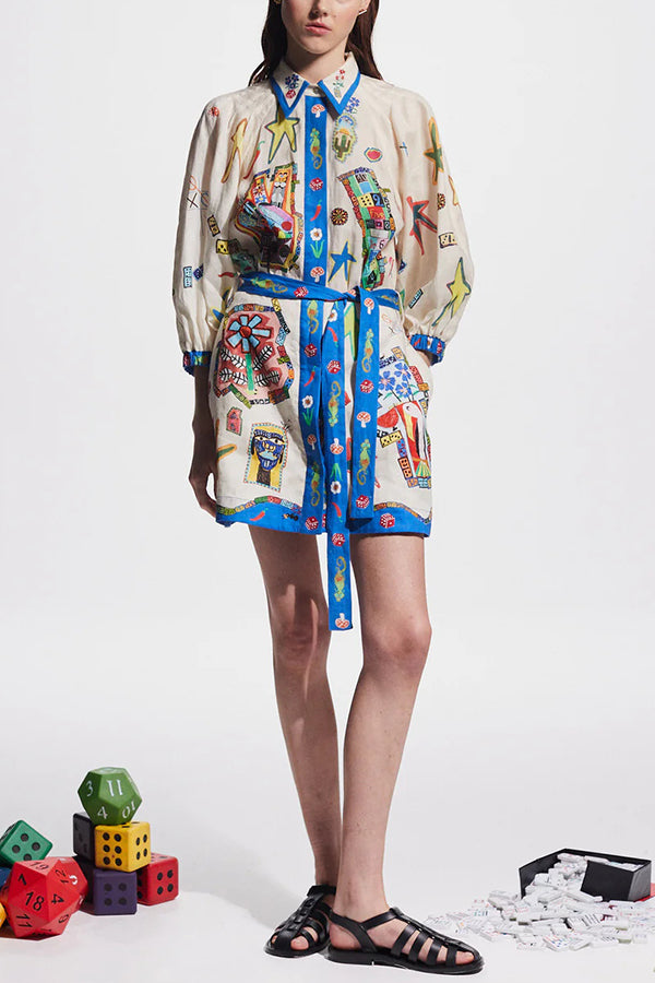 Linen Blend Unique Printed Balloon Sleeve Pocket Tie Waist Mini Dress-tidenox