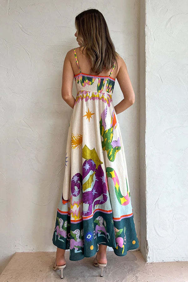 Feel Effortlessly Linen Blend Unique Print Smocked Back Midi Dress-tidenox