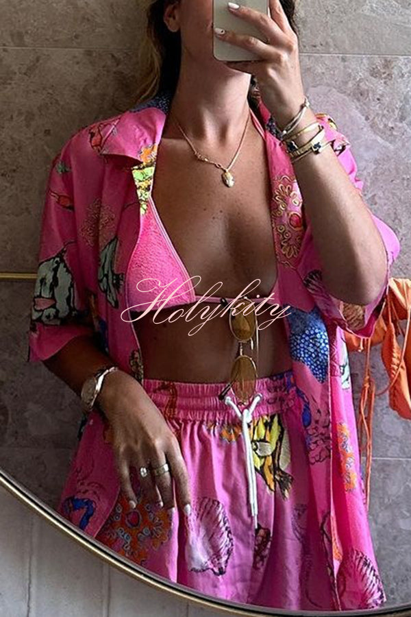 Linen Blend Colorful Shell Print Shirt Top and Elastic Waist Pocket Shorts Set-tidenox