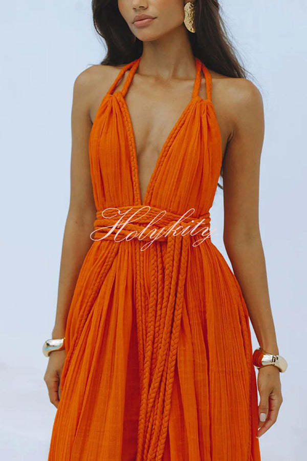 Summer Whispers Linen Blend Draped Braids Deep V-neck Halter Backless Cover Up Maxi Dress-tidenox