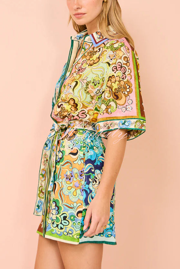 Sasha Linen Blend Unique Printed Shirt Style Tie-waist Mini Dress-tidenox