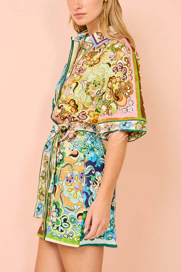 Sasha Linen Blend Unique Printed Shirt Style Tie-waist Mini Dress-tidenox