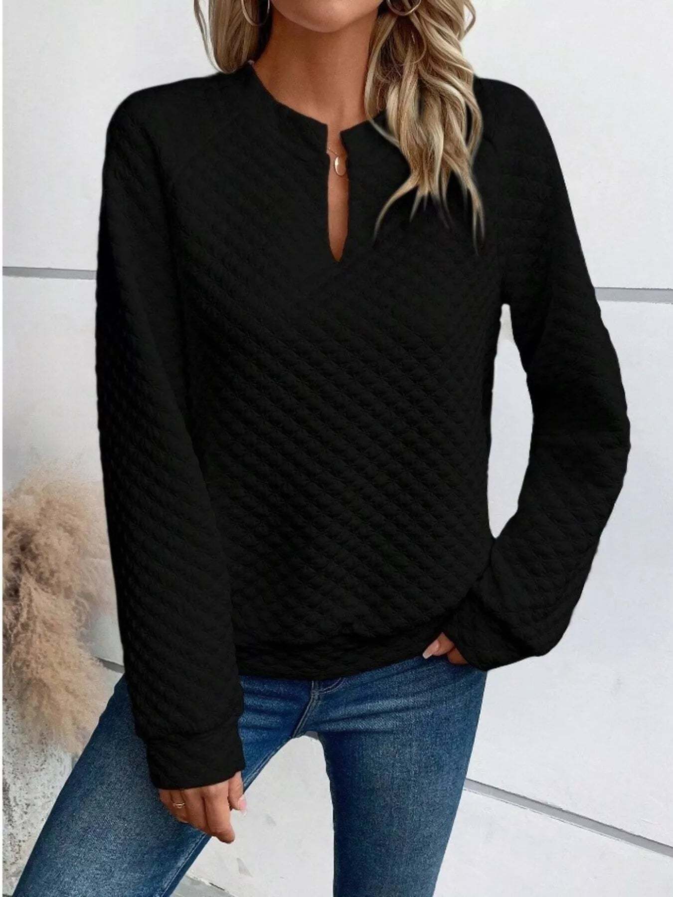 Textured Notched Raglan Sleeve Sweatshirt-tidenox