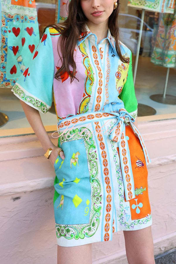 Linen Blend Unique Printed Short Sleeved Pocket Tie Waist Mini Dress(One Size Up)-tidenox