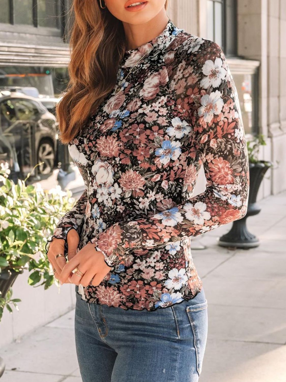 Floral Mock Neck Long Sleeve T-Shirt