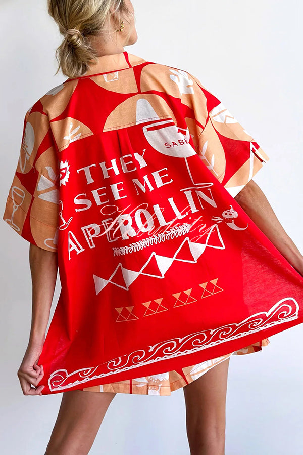 Linen Blend Unique Printed Shirt Top and Elastic Waisted Loose Pocket Shorts Set-tidenox